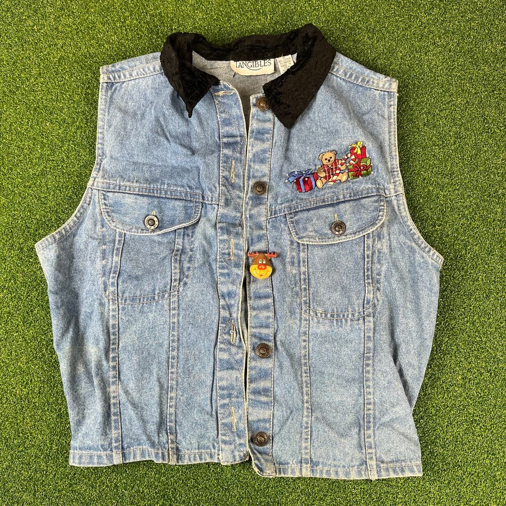 Vtg Denim Christmas Vest Teddy Bear Embroidery Reindeer Pin Ugly Sweater M